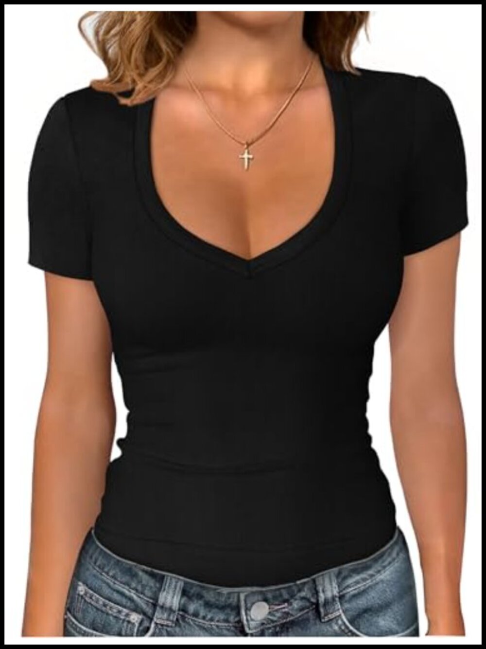 Sampeel V-Neck Short Sleeve Ribbed T-Shirt Slim Fit Summer Tee